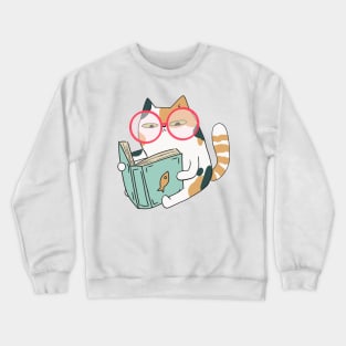 Cute Calico cat reading a book with glasses Crewneck Sweatshirt